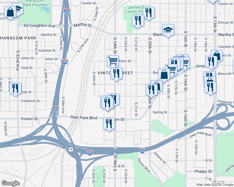 map of restaurants, bars, coffee shops, grocery stores, and more near 2930 South 24th Street in Omaha