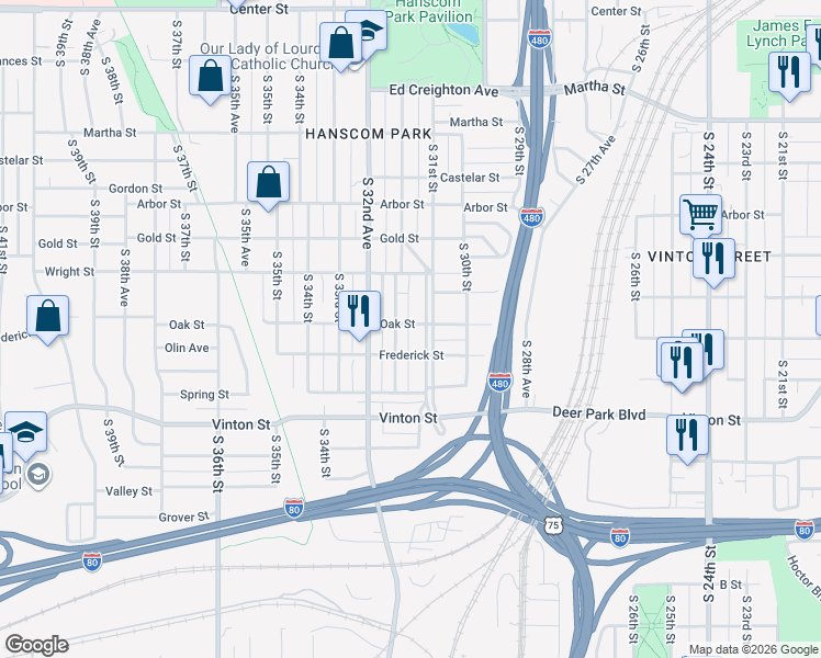 map of restaurants, bars, coffee shops, grocery stores, and more near 3011 Hanscom Boulevard in Omaha