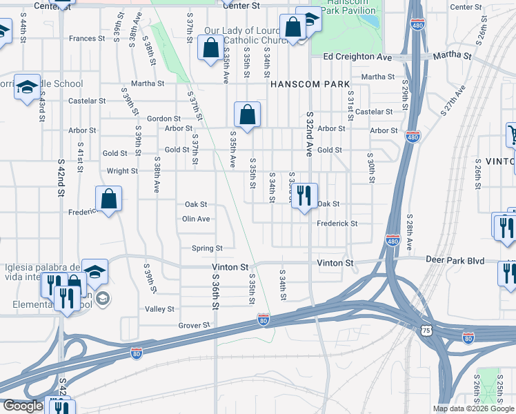 map of restaurants, bars, coffee shops, grocery stores, and more near 3006 South 35th Street in Omaha