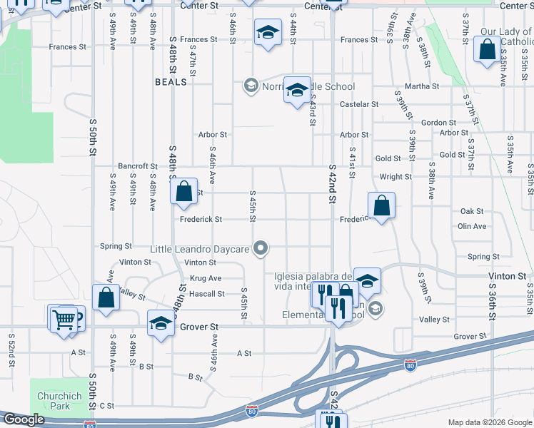 map of restaurants, bars, coffee shops, grocery stores, and more near 4452 Frederick Street in Omaha