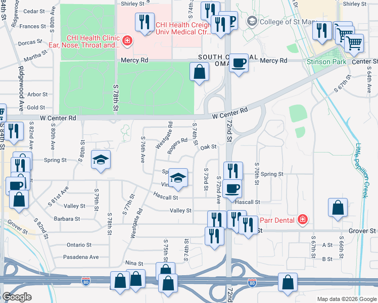 map of restaurants, bars, coffee shops, grocery stores, and more near 3012 South 74th Street in Omaha