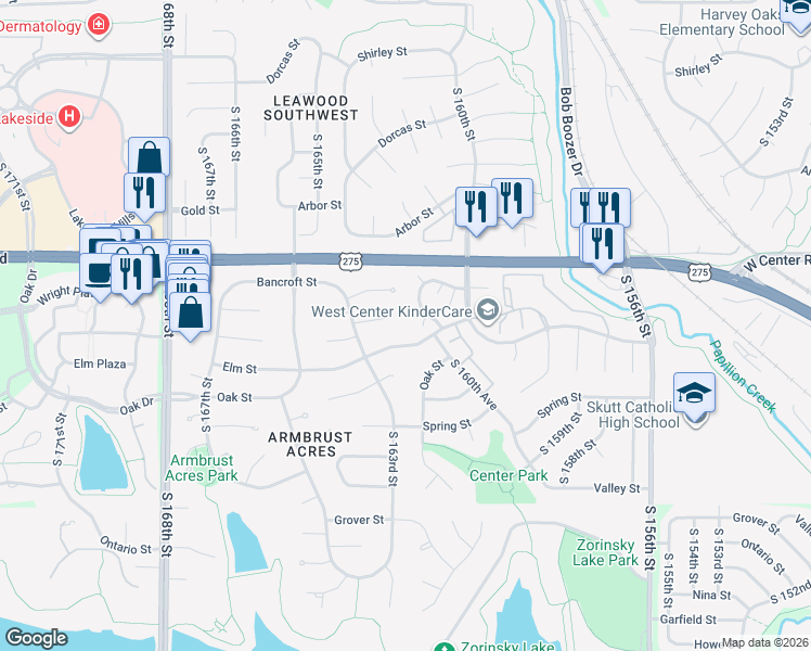 map of restaurants, bars, coffee shops, grocery stores, and more near 16209 Wright Circle in Omaha
