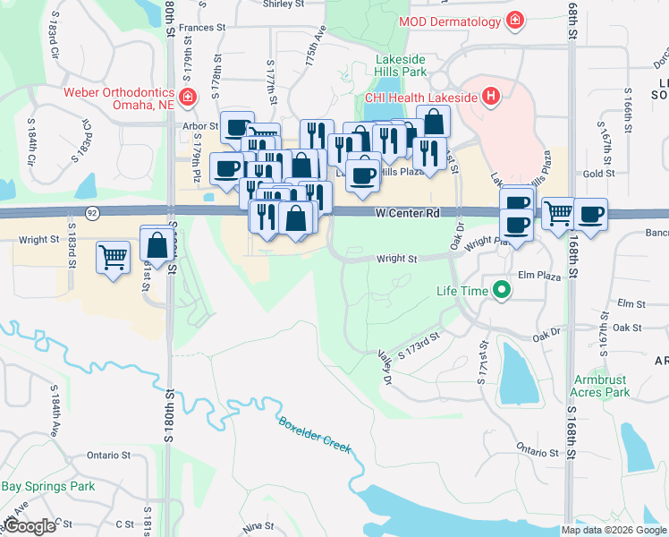 map of restaurants, bars, coffee shops, grocery stores, and more near 17445 Valley Drive in Omaha