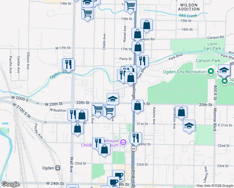 map of restaurants, bars, coffee shops, grocery stores, and more near 1945 Maple Grove Way in Ogden