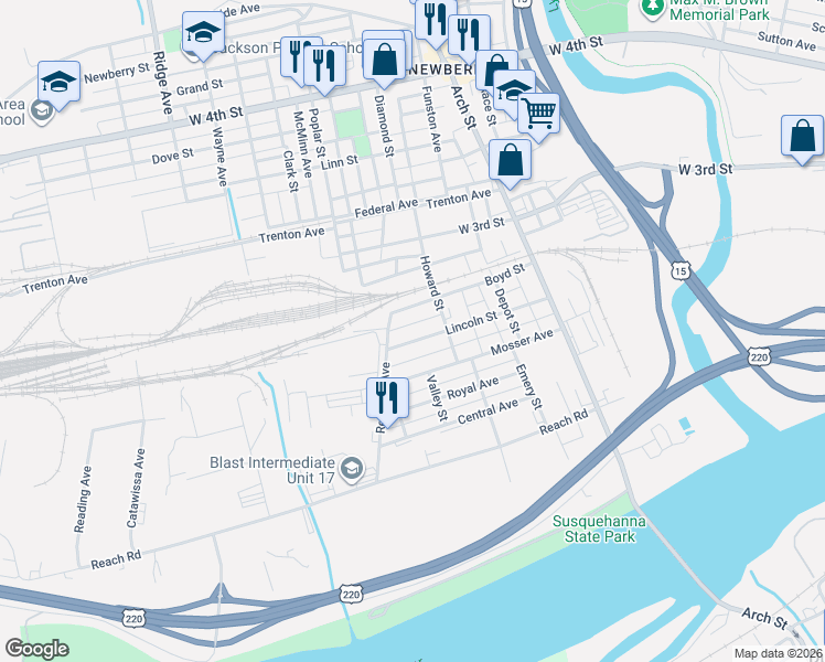 map of restaurants, bars, coffee shops, grocery stores, and more near 2200-2298 Lincoln St in Williamsport