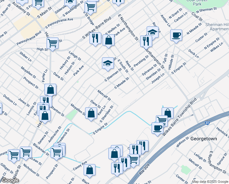 map of restaurants, bars, coffee shops, grocery stores, and more near 310 South Meade Street in Wilkes-Barre