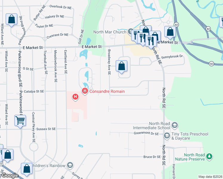 map of restaurants, bars, coffee shops, grocery stores, and more near 3608 Northwood Drive Southeast in Warren