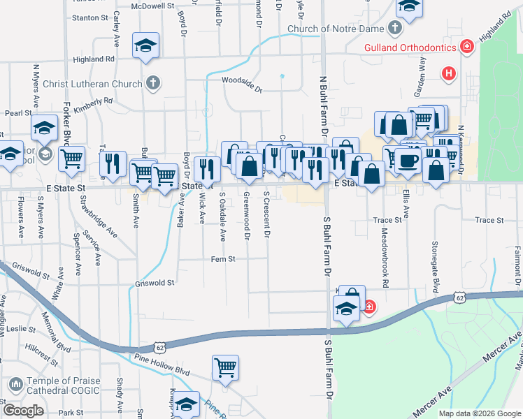 map of restaurants, bars, coffee shops, grocery stores, and more near 98 South Crescent Drive in Hermitage