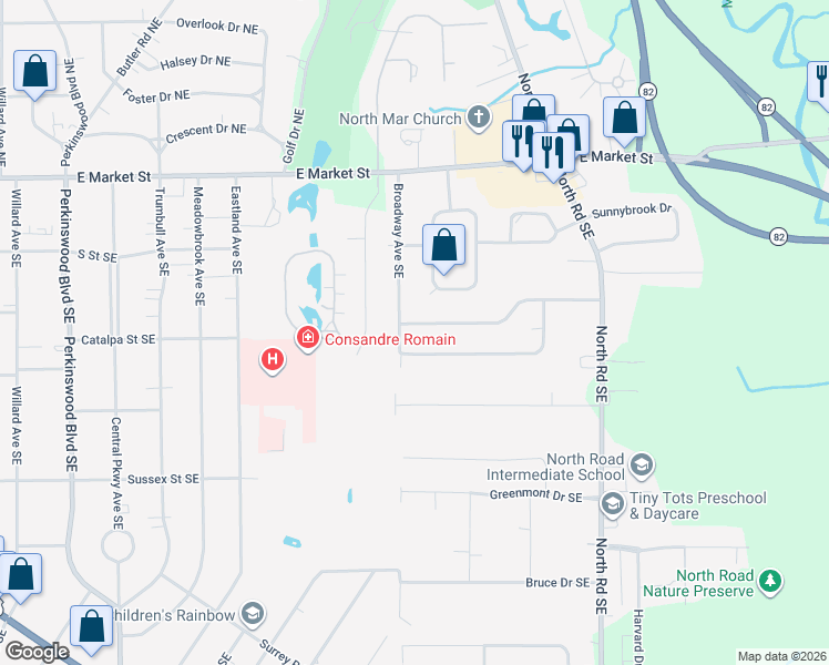 map of restaurants, bars, coffee shops, grocery stores, and more near 3608 Northwood Drive Southeast in Warren