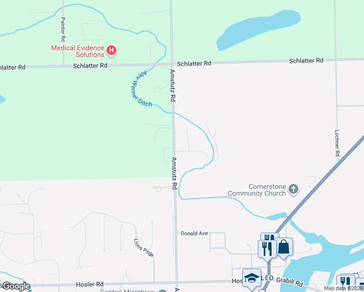 map of restaurants, bars, coffee shops, grocery stores, and more near 10019 Wilderness Creek Drive in Leo