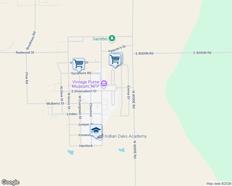 map of restaurants, bars, coffee shops, grocery stores, and more near 500 Diversatech Drive in Manteno