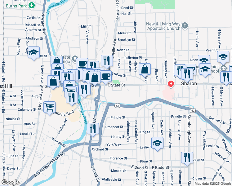 map of restaurants, bars, coffee shops, grocery stores, and more near 306 Grace Place in Sharon