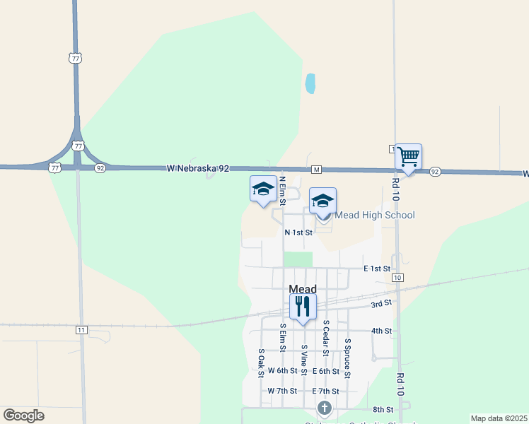 map of restaurants, bars, coffee shops, grocery stores, and more near 115 North Elm Street in Mead