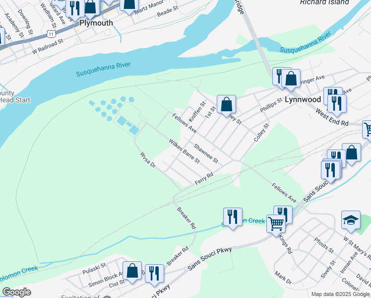 map of restaurants, bars, coffee shops, grocery stores, and more near 609 Wilkes Barre Street in Wilkes-Barre