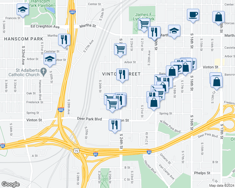 map of restaurants, bars, coffee shops, grocery stores, and more near 2930 South 24th Street in Omaha