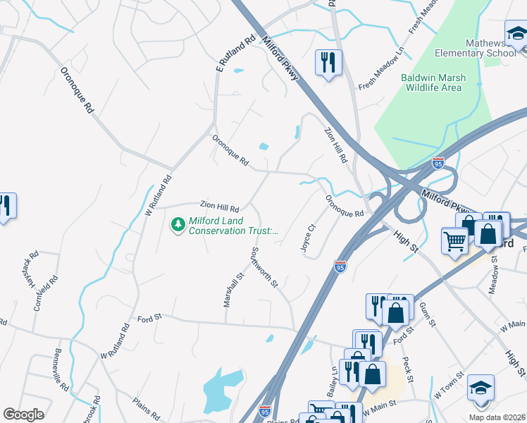 map of restaurants, bars, coffee shops, grocery stores, and more near 157 Southworth Street in Milford