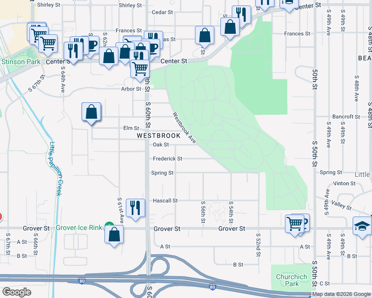 map of restaurants, bars, coffee shops, grocery stores, and more near 5623 Oak Street in Omaha