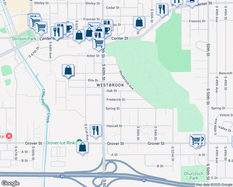 map of restaurants, bars, coffee shops, grocery stores, and more near 5811 Oak Street in Omaha