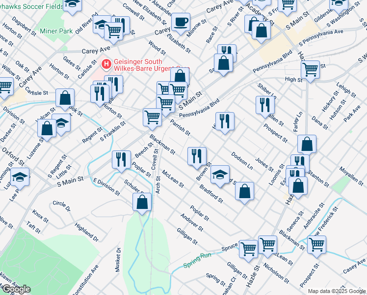 map of restaurants, bars, coffee shops, grocery stores, and more near Gould Ln in Wilkes-Barre