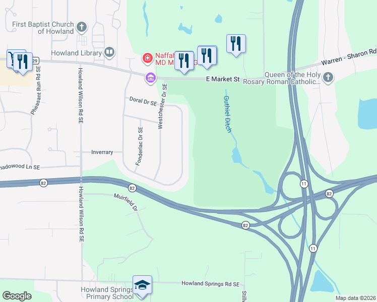 map of restaurants, bars, coffee shops, grocery stores, and more near 536 Avalon Drive Southeast in Warren