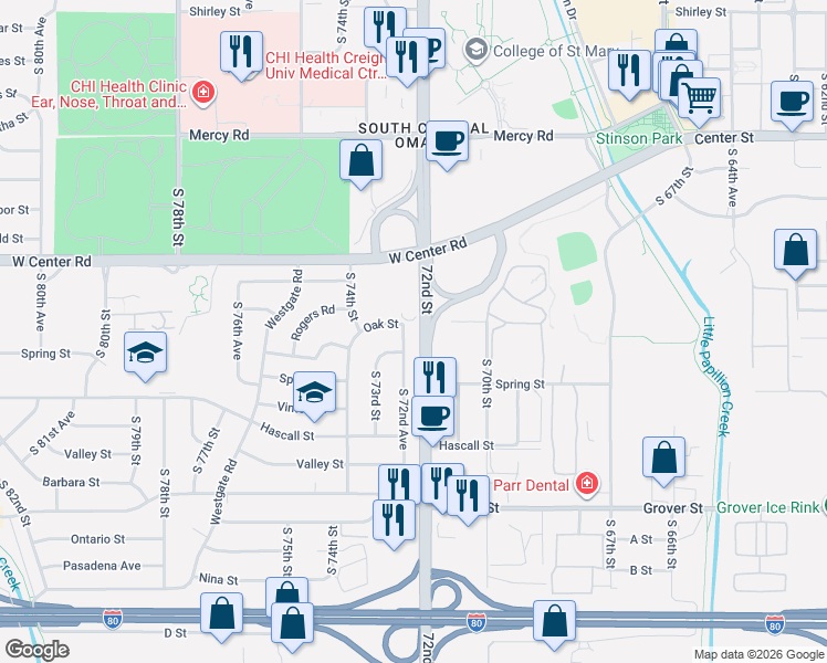 map of restaurants, bars, coffee shops, grocery stores, and more near 3013 South 72nd Avenue in Omaha