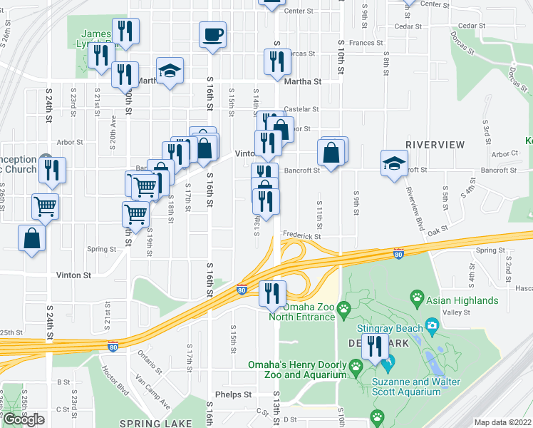 map of restaurants, bars, coffee shops, grocery stores, and more near 2765 South 13th Court in Omaha