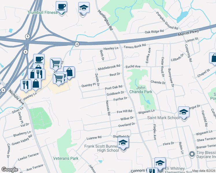 map of restaurants, bars, coffee shops, grocery stores, and more near 140 Post Oak Road in Stratford
