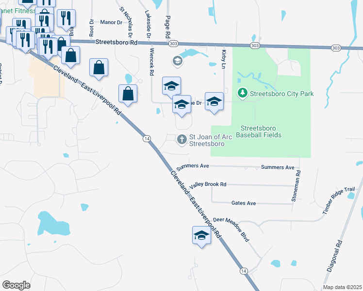 map of restaurants, bars, coffee shops, grocery stores, and more near 8894 Ohio 14 in Streetsboro