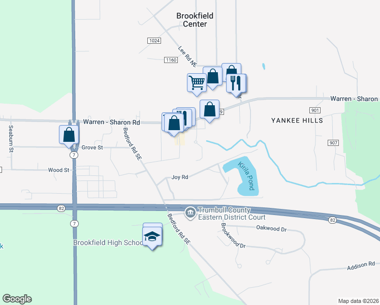 map of restaurants, bars, coffee shops, grocery stores, and more near 7226 Warren-Sharon Rd in Brookfield
