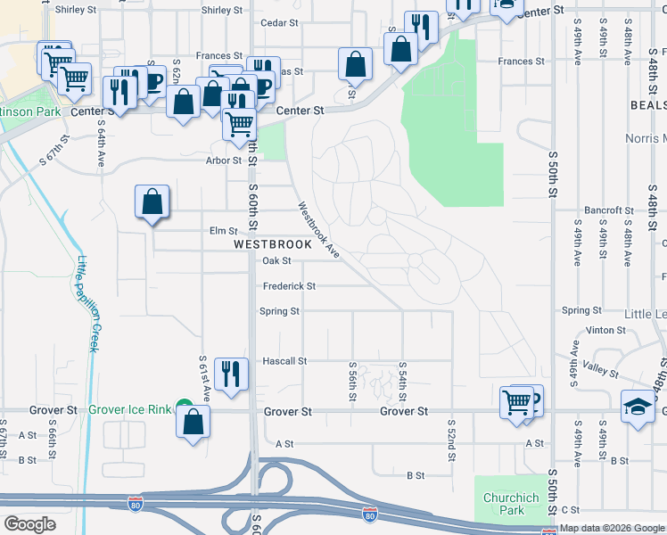 map of restaurants, bars, coffee shops, grocery stores, and more near 5623 Oak Street in Omaha
