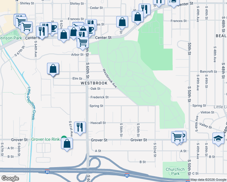 map of restaurants, bars, coffee shops, grocery stores, and more near 5623 Oak Street in Omaha