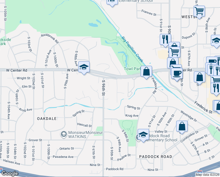 map of restaurants, bars, coffee shops, grocery stores, and more near 9503 Oak Circle in Omaha