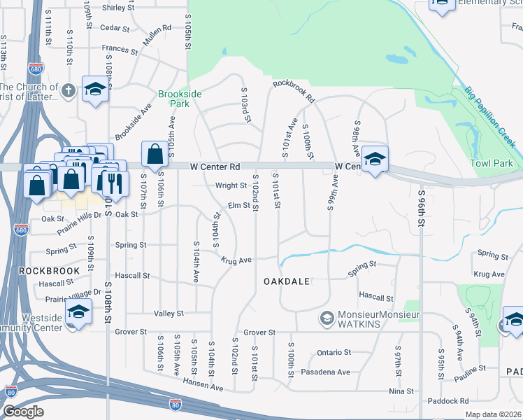 map of restaurants, bars, coffee shops, grocery stores, and more near 2913 South 102nd Street in Omaha