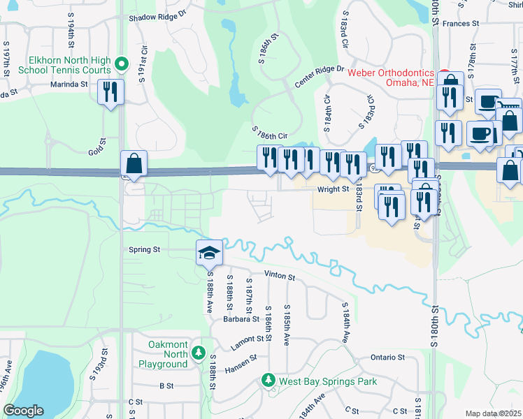 map of restaurants, bars, coffee shops, grocery stores, and more near 18661 Elm Plaza in Omaha