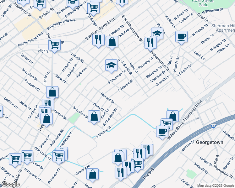 map of restaurants, bars, coffee shops, grocery stores, and more near 310 South Meade Street in Wilkes-Barre