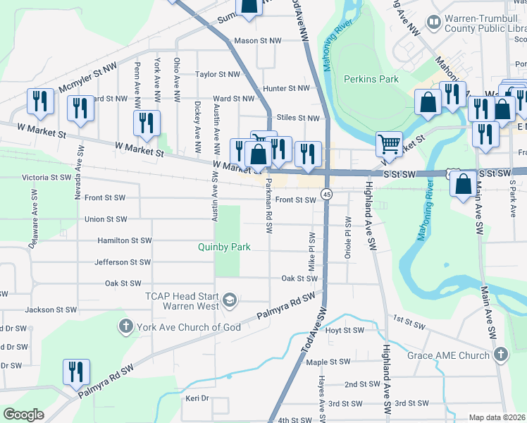 map of restaurants, bars, coffee shops, grocery stores, and more near 1144 Union Street Southwest in Warren
