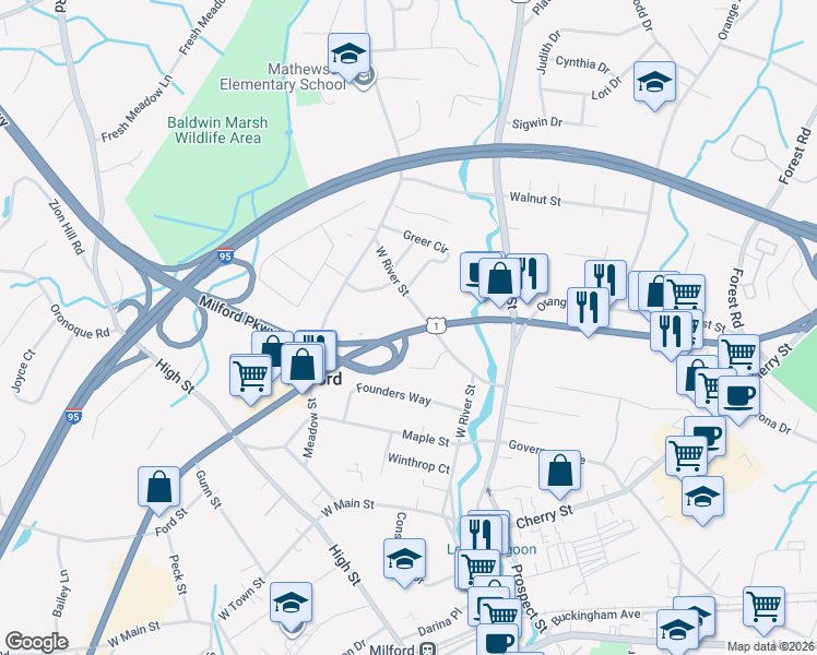 map of restaurants, bars, coffee shops, grocery stores, and more near 684 Boston Post Road in Milford
