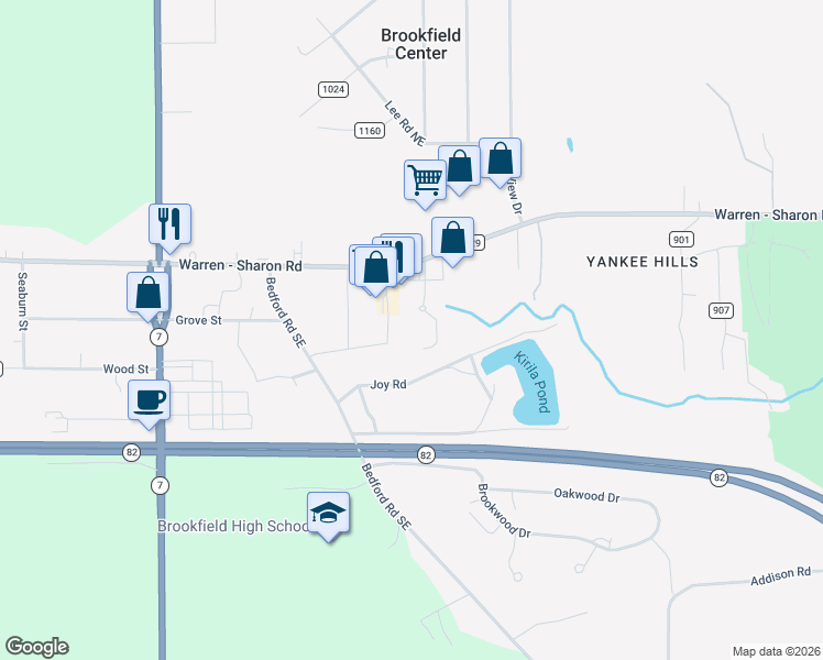 map of restaurants, bars, coffee shops, grocery stores, and more near 7226 Warren - Sharon Road in Brookfield Center