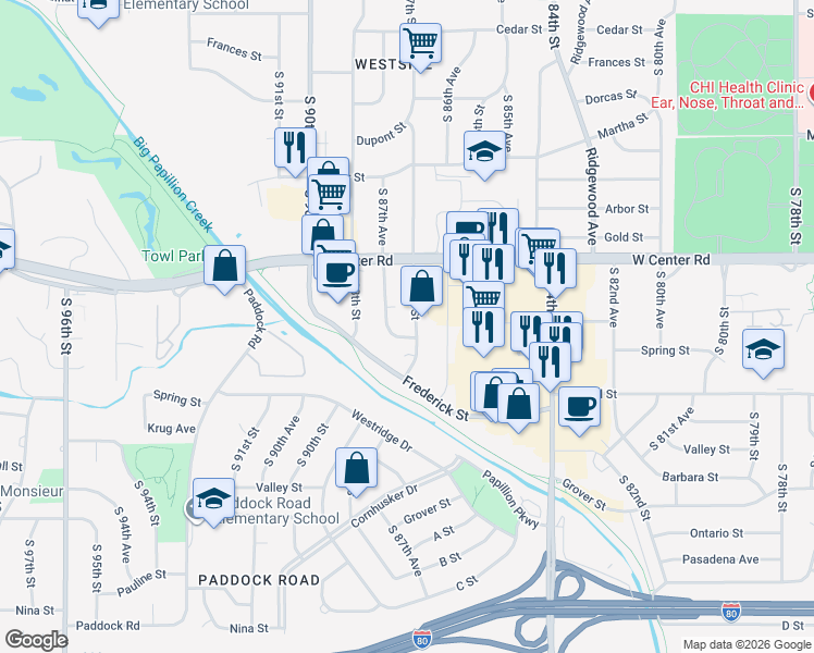 map of restaurants, bars, coffee shops, grocery stores, and more near 8723 Oak Street in Omaha