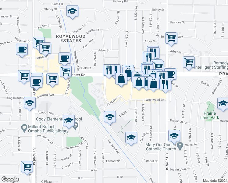 map of restaurants, bars, coffee shops, grocery stores, and more near 2809 South 125th Avenue in Omaha