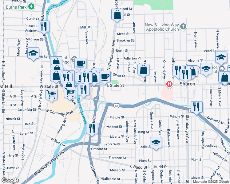 map of restaurants, bars, coffee shops, grocery stores, and more near 306 Grace Place in Sharon