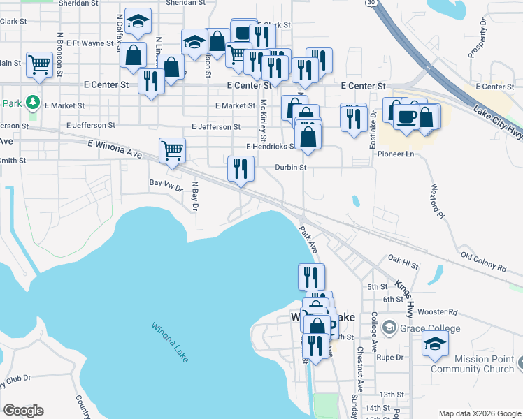 map of restaurants, bars, coffee shops, grocery stores, and more near 2400 Winona Avenue in Winona Lake