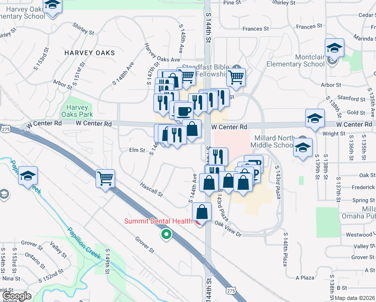 map of restaurants, bars, coffee shops, grocery stores, and more near 14445 West Center Road in Omaha