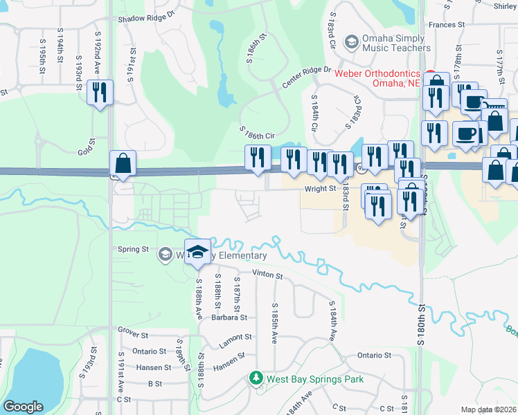 map of restaurants, bars, coffee shops, grocery stores, and more near 3132 South 186th Plaza in Omaha