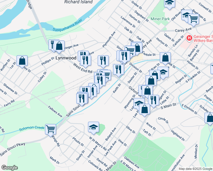 map of restaurants, bars, coffee shops, grocery stores, and more near 746 Sans Souci Parkway in Wilkes-Barre