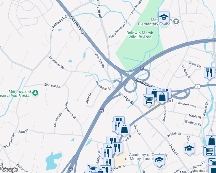 map of restaurants, bars, coffee shops, grocery stores, and more near 25 Oronoque Road in Milford