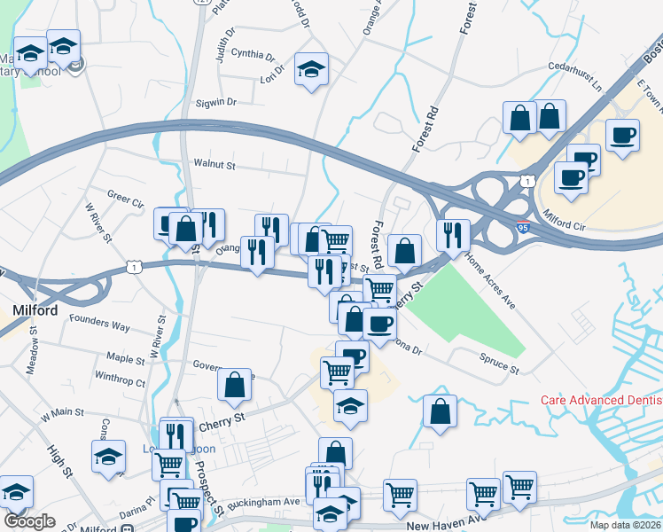 map of restaurants, bars, coffee shops, grocery stores, and more near 920 Boston Post Road in Milford