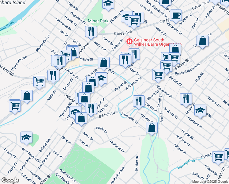 map of restaurants, bars, coffee shops, grocery stores, and more near 110-112 Regent St in Wilkes-Barre