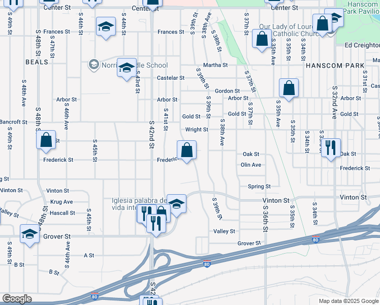 map of restaurants, bars, coffee shops, grocery stores, and more near in Omaha