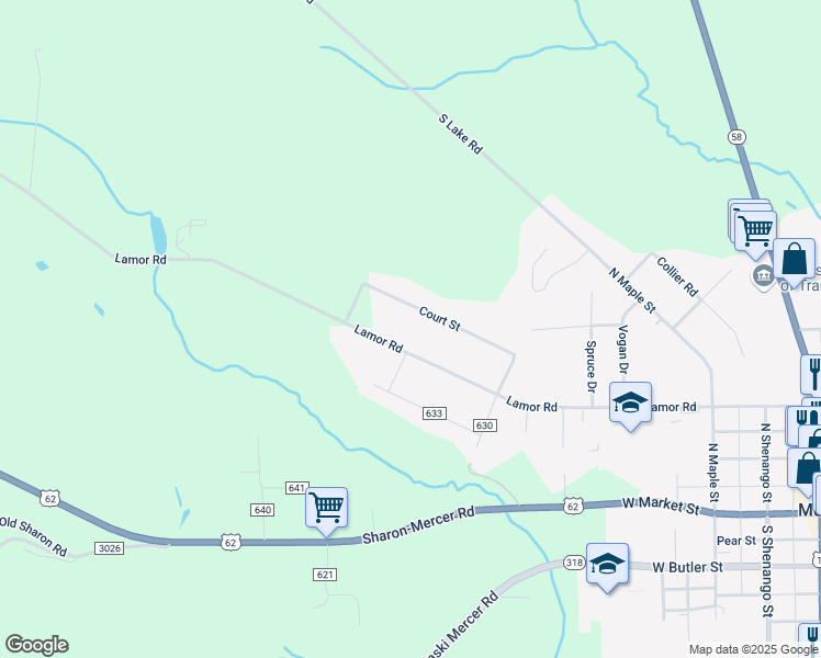 map of restaurants, bars, coffee shops, grocery stores, and more near 8321 Lamor Road in Mercer